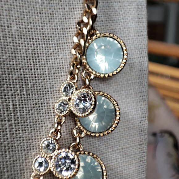 Milky Opaline Seafoam Crystal Glass Gold Tone Statement Necklace Crown Logo NEW - Picture 7 of 10